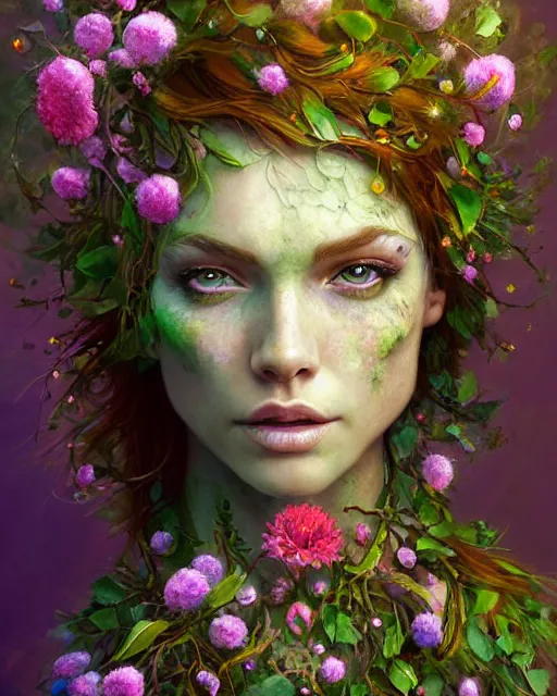 Prompt: muscular female druid swathed in flowers, perfect face, thin antlers, green halter top, ginger hair, abs, cinematic, freckles, stunning, athletic, strong, agile, highly detailed, psychedelic, digital painting, artstation, smooth, hard focus, illustration, art by jessica rossier and and brian froud