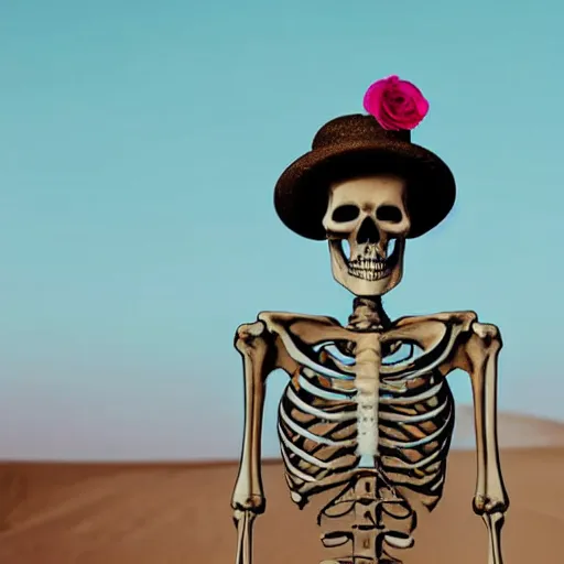 Image similar to skeleton standing in the desert, wearing a hat with a flower on it.