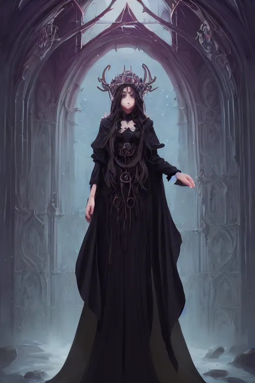 Prompt: a beautiful eldritch priestess girl standing on an altar wearing thick black robes | | cute - fine - face, pretty face, fine details by stanley artgerm lau, wlop, rossdraws, james jean, andrei riabovitchev, marc simonetti, and sakimichan, trending on artstation