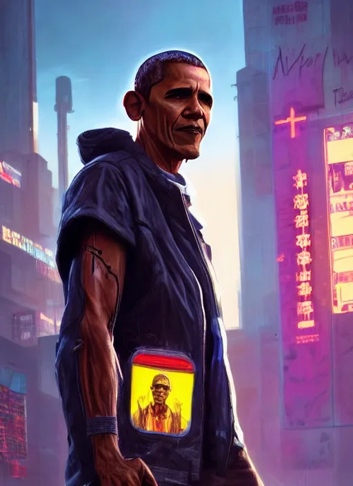 Prompt: portrait of Obama as a homeless character in Cyberpunk 2077, looking at camera, intricate, dystopian, sci-fi, extremely detailed, digital painting, artstation, concept art, smooth, sharp focus, illustration, intimidating lighting, incredible art by artgerm and greg rutkowski and alphonse mucha and simon stalenhag