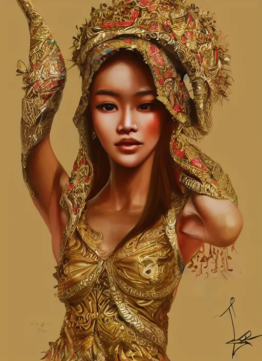 Prompt: portrait of an indonesian supermodels wearing traditional costume, highly detailed, digital painting, artstation, concept art, sharp focus, illustration