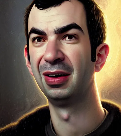 Prompt: close up portrait nathan fielder on the frozen throne, ultra realistic, concept art, intricate details, eerie, highly detailed, photorealistic, octane render, 8 k, unreal engine. art by artgerm and greg rutkowski and charlie bowater and magali villeneuve and alphonse mucha