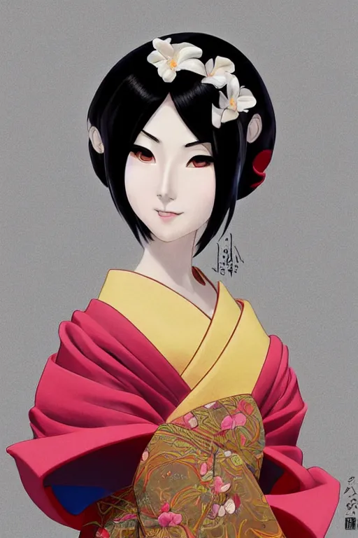 Prompt: a japanese geisha, artgerm, anime style, pixar and disney style, path traced, color painting, anatomically correct, cinematic, high coherence, highly detailed, high quality, serene scene, colorful, symmetrical, beautiful, elegant, short black hair, vintage, realistic and detailed face