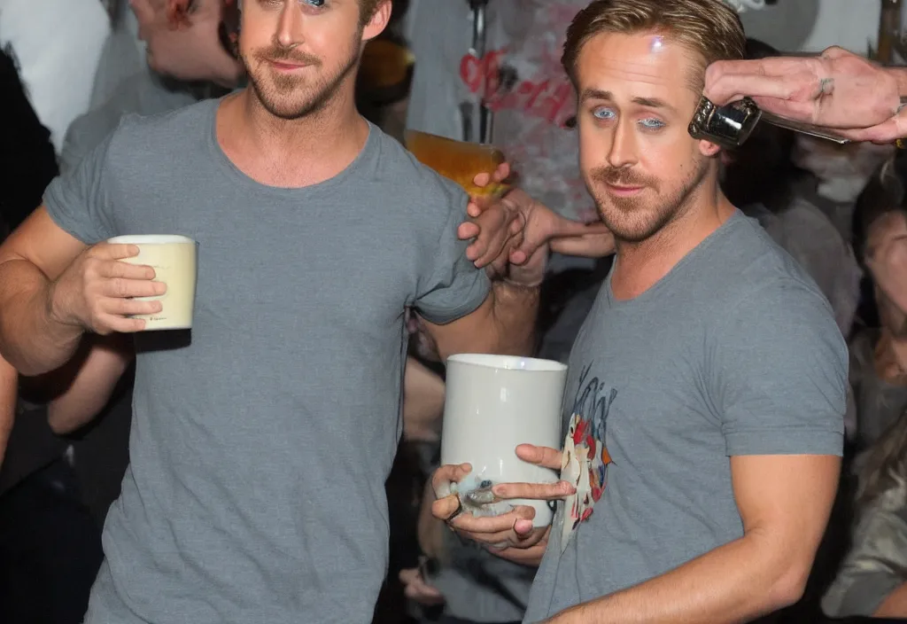 Prompt: Ryan Gosling drinks a huge mug of beer