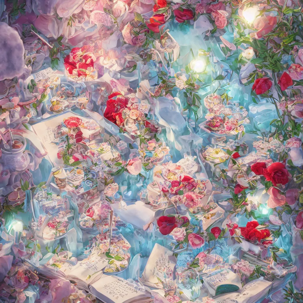 Image similar to cold drinks, ice cream, strawberry embellishment, books and flowers, trending on studio ghibli, dreamy, soft, global illumination, radiant light, intricate environment, luminescence, highly detailed, 8 k