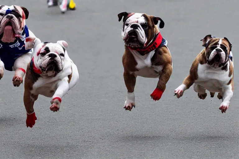 Image similar to bulldogs that are running in a race to cross a finish line