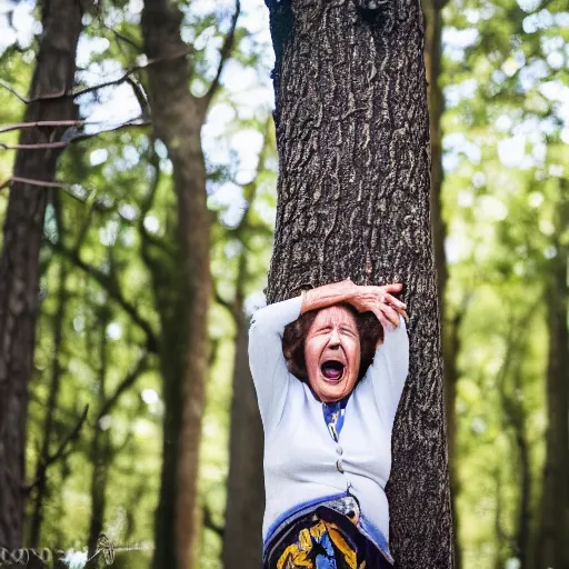 Prompt: elderly woman stuck up a tree, screaming, canon eos r 3, f / 1. 4, iso 2 0 0, 1 / 1 6 0 s, 8 k, raw, unedited, symmetrical balance, wide angle