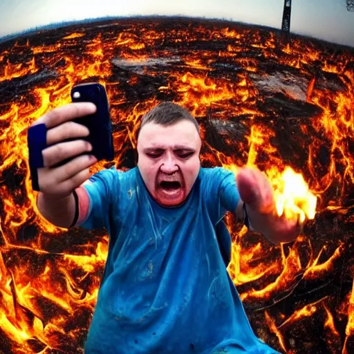 Image similar to , funny and frightened ukrainian burned to bones bleeding in dirty yellow and blue rags on the background of a huge nuclear explosion selfie 2 0 2 2