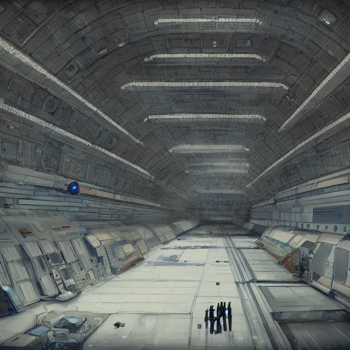 Prompt: A room inside a large hangar of the space station by Jose Daniel Cabrera Pena and Leonid Kozienko, concept art