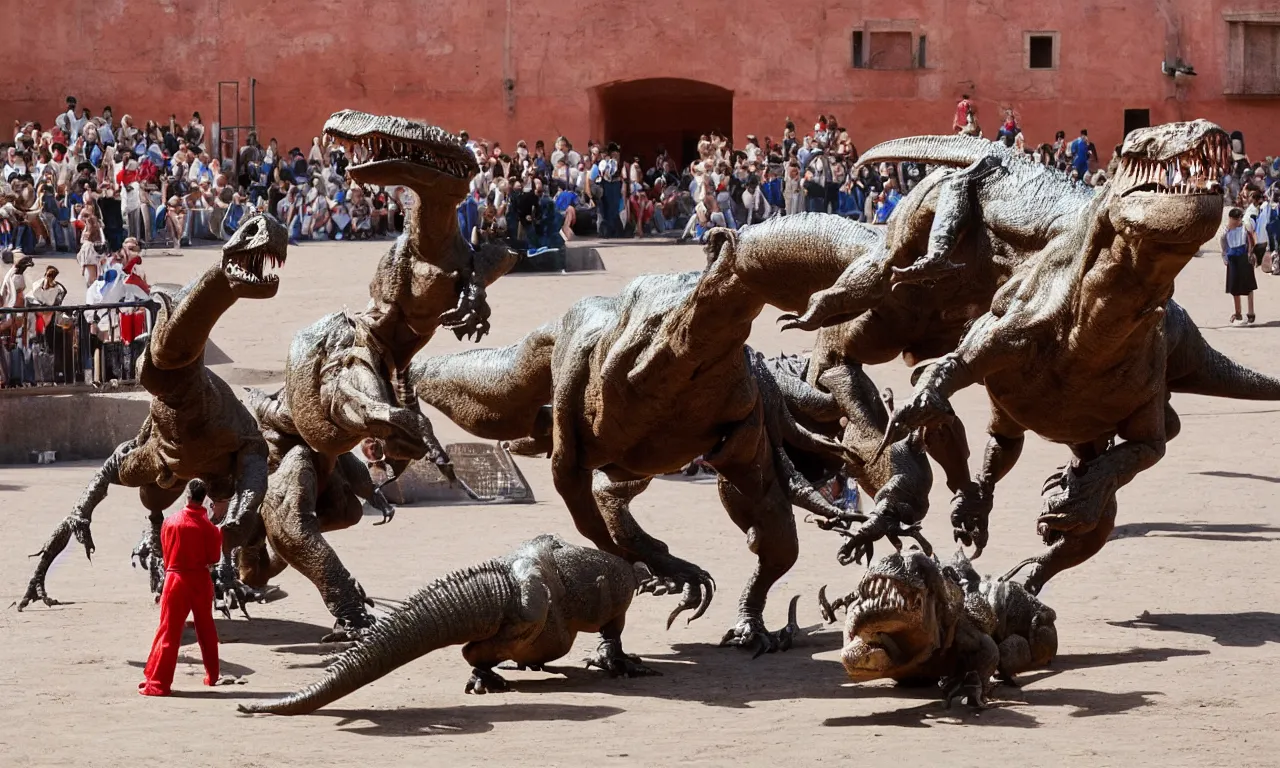 Image similar to a toreador facing off against a t - rex in the plaza de toros, madrid. extreme long shot, midday sun, kodachrome