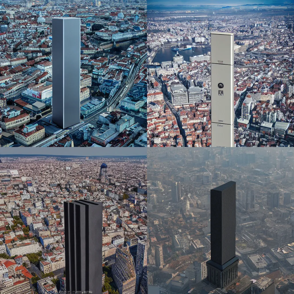 Prompt: an out-of-place alien monolith in a traditionally eastern european cityscape, dystopic, 4K aerial view