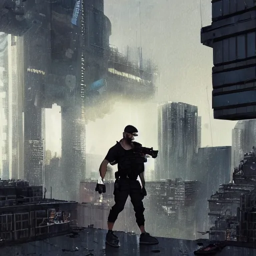 Prompt: A broad shouldered, muscular man wearing Reindeelusion Steven Cargo pants and Nike Tech fleece Shirt and Nike Acronym presto sneakers, rooftop, sniper rifle stationed in background, Police sirens shining in far background, high quality, digital art, dirty cyberpunk city, rain, greg rutkowski