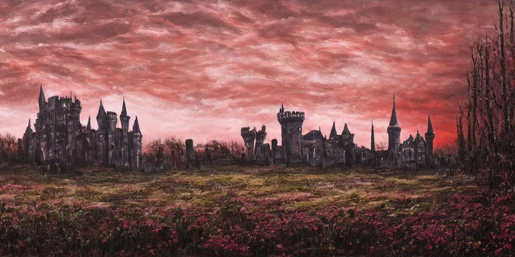 Image similar to a beautiful and gothic castle in the distance. Red sky. Dark ambient. Gothicpunk. Detailed oil on canvas. Art in style of Frances Ann Hopkins. High definition