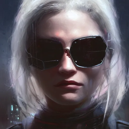 Prompt: closeup portrait of a beautiful assassin, cyberpunk, sunglasses, megacity background, painted by seb mckinnon, painted by greg rutkowski, digital art, trending on artstation