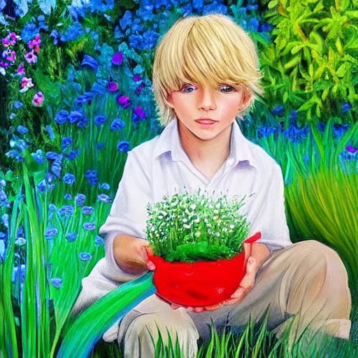 Prompt: a cute seven year old boy with tousled blonde hair and blue eyes in a lovely garden, beautiful painting by magali villanueve and raymond swanland