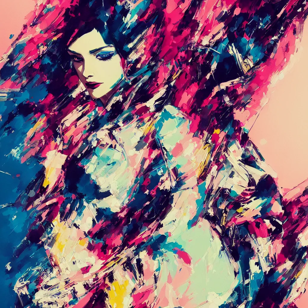 Prompt: an ultra detailed beautiful painting of a stylish woman with colorful haute couture dress, concert poster, retro, yoji shinkawa, conrad roset, greg rutkowski