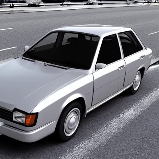 Image similar to cheap, silver paint sedan Lada priora car, broken front, front view, heavy grain, hyperrealistic render, daylight, ray tracing, street photo