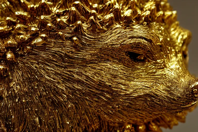 Prompt: photographic close up of a golden hedgehog statue, intricate detail, 4k desktop background