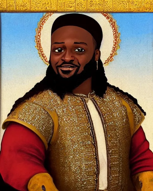 Image similar to HD medieval portrait painting of T-Pain as a medieval Moroccan sultan.