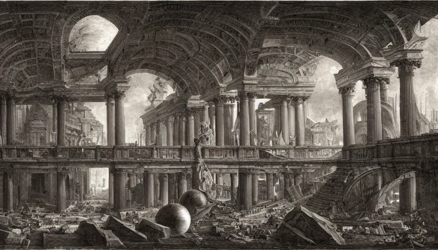 Prompt: a esoteric building flooded with spheres, by piranesi, high quality, high detailed