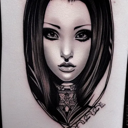 Image similar to tattoo design, stencil, beautiful young female, long dark hair, symmetrical facial features, Japanese, partially clothed in robe, by William-Adolphe Bouguerea and artgerm