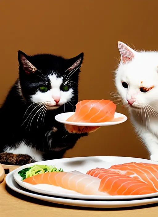 Image similar to clear photograph of cute cats eating sushi from sushi plates