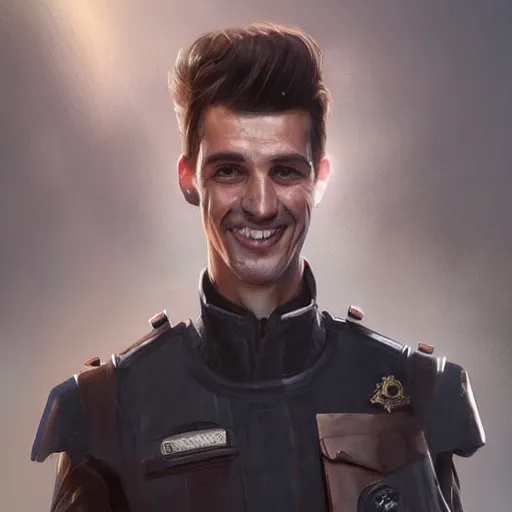 Image similar to portrait of a man by greg rutkowski, he is about 3 0 years old, mixture between german and turkish, copper quiff hair, uncanny smile, very tall and slender, he is wearing a futuristic police gear, highly detailed portrait, digital painting, artstation, concept art, smooth, sharp foccus ilustration, artstation hq