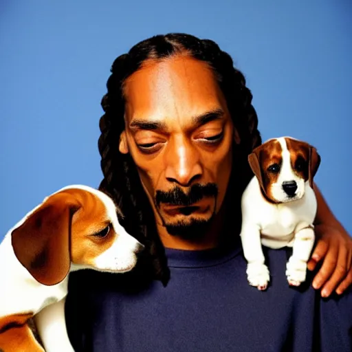 Prompt: Snoop Dogg crying while holding a puppy for a 1990s sitcom tv show, Studio Photograph, portrait, very sad C 12.0