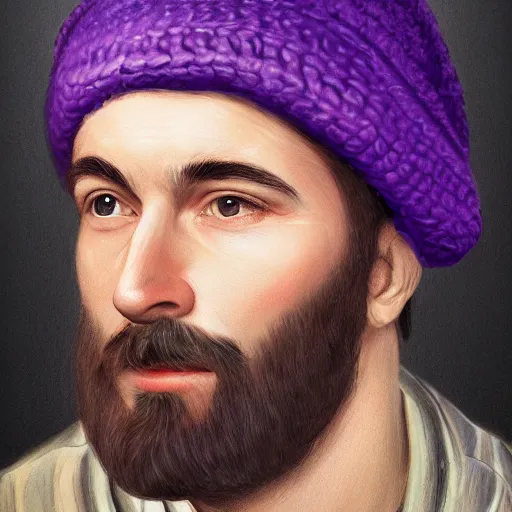 Prompt: a detailed portrait of a man wearing a purple cap art illustration, incredibly highly detailed and realistic, 8 k, sharp focus