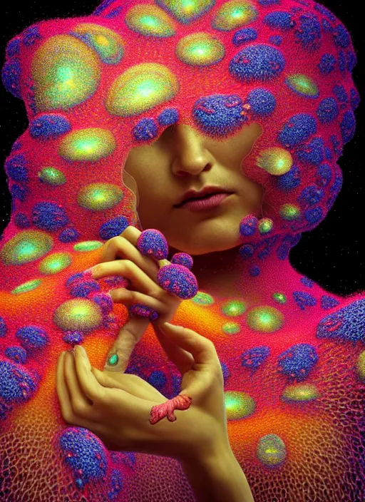 Image similar to hyper detailed 3d render like a Oil painting - Aurora (Singer) seen Eating of the Strangling network of yellowcake aerochrome and milky Fruit and Her delicate Hands hold of gossamer polyp blossoms bring iridescent fungal flowers whose spores black the foolish stars by Jacek Yerka, Mariusz Lewandowski, Houdini algorithmic generative render, Abstract brush strokes, Masterpiece, Edward Hopper and James Gilleard, Zdzislaw Beksinski, Mark Ryden, Wolfgang Lettl, hints of Yayoi Kasuma, octane render, 8k