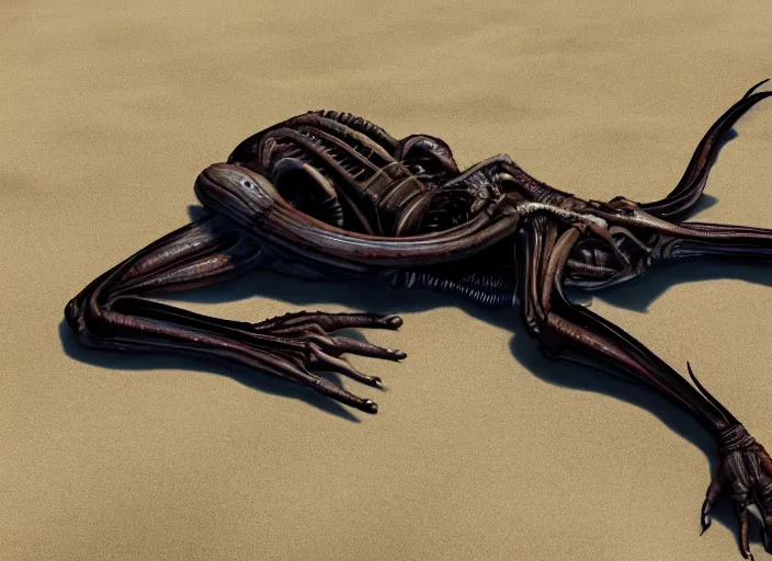 Prompt: a xenomorph alien relaxing on a beach in jamaica, cinematic lighting, directed by dennis villeneuve, national geographic, award winning, concept art, artstation, unreal engine, game screenshot