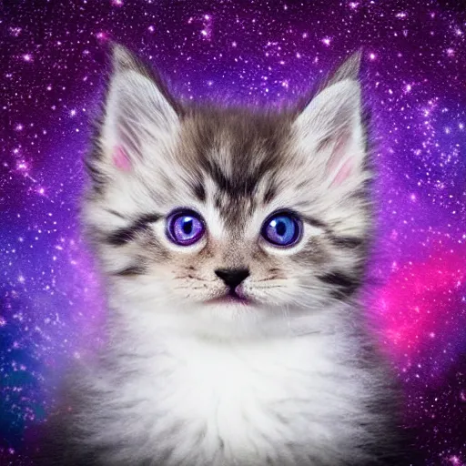 Image similar to cute fluffy kitten with purple cyan and white tabby fur and big eyes with night sky background