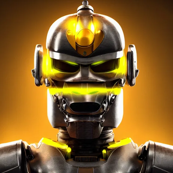 Prompt: a portrait of a angry cybernetic robocop samurai demon character, yellow background, unreal engine, octane render, artstation, digital art.