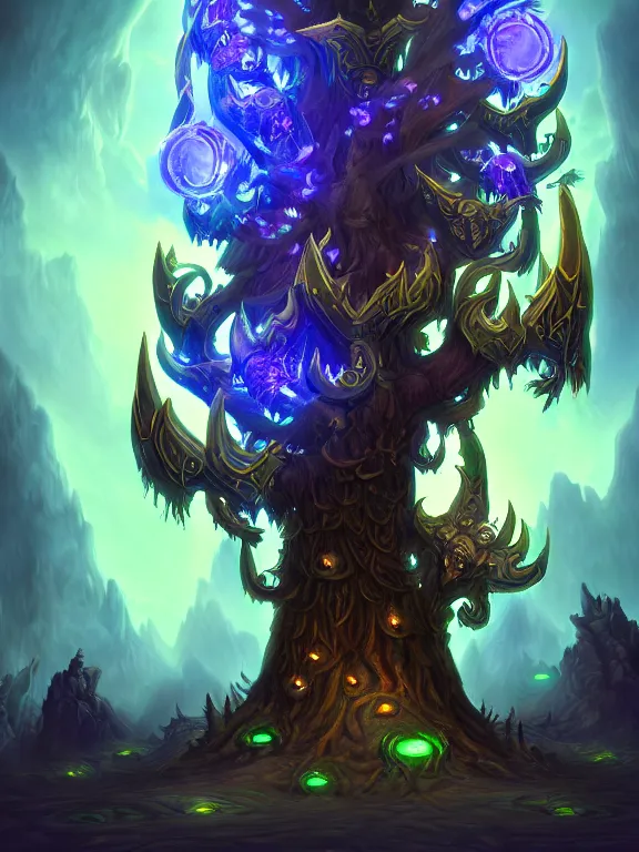 Prompt: A beautiful digital illutration painting of a detailed fantasy tree warcraft style with warcraft lantern blue illumination by, 8k resolution deviantart trending on Artstation concept art digital illustration