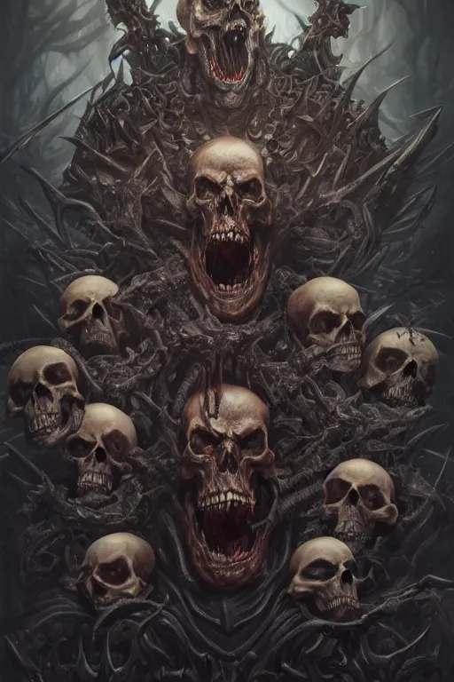 Image similar to death lord stand on skulls, highly detailed, d & d, fantasy, highly detailed, digital painting, trending on artstation, concept art, sharp focus, illustration, global illumination, ray tracing, realistic shaded, art by artgerm and greg rutkowski and fuji choko and viktoria gavrilenko and hoang lap,