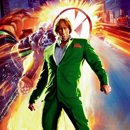 Image similar to action hero Michael Bay movie poster featuring Marvel Majestic Fat Pigeon in a extravagant full body green suit by Alex Ross, oil painting