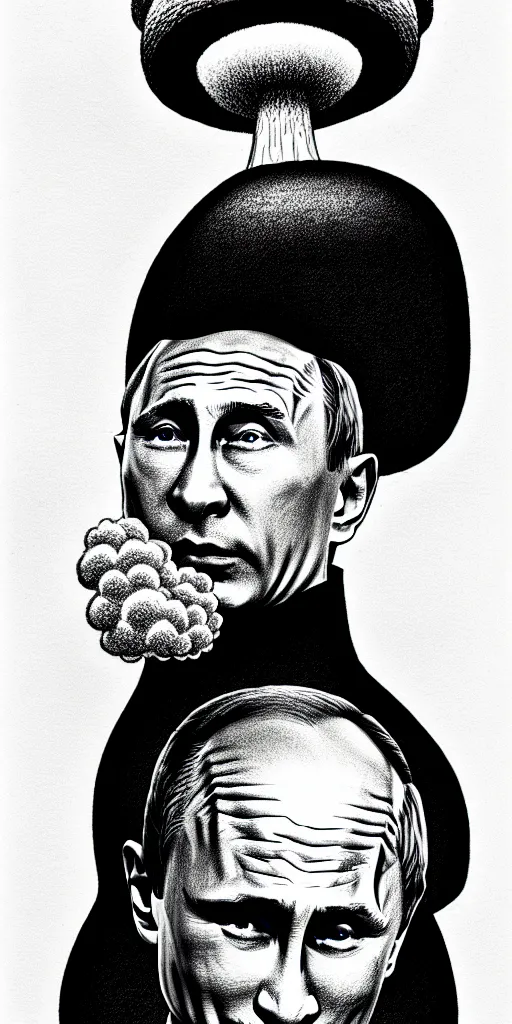 Prompt: vladimir putin with a nuclear mushroom cloud ushanka, cartoonish, ultra detailed pencil drawing