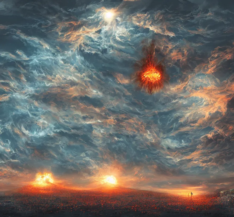 Image similar to nuclear explosion, acrilic paint, digital, artstation, detailed, intricate ink, illustration, heavenly atmosphere, digital art, over detailed art, conceptart