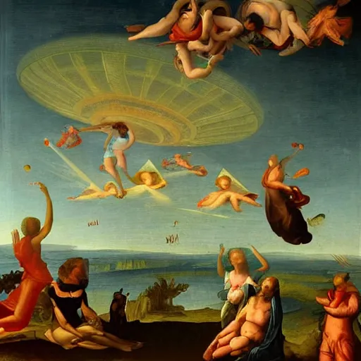 Image similar to ufo landing, renaissance painting