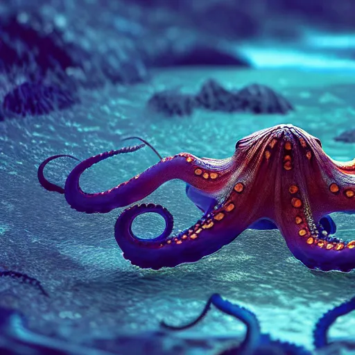 Image similar to A octopus in the ocean centered-photograph film still, dynamic action pose, National Geographic, insane detail, intricate, highly detailed, Zeiss Lens, DSLR photography, smooth, sharp focus, Unreal Engine 5, Octane Render, 85mm lens Redshift, depth of field 8K