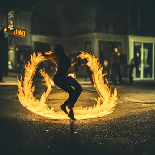 Prompt: fire shaped like a dancing human, in a dark street, award winning photo