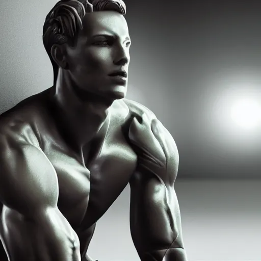 Image similar to a realistic detailed photo of a guy who is an attractive humanoid who is half robot and half humanoid, who is a male android, attractive and handsome soccer players, shiny skin, posing like a statue, blank stare, in a factory, on display, showing off his muscles, wearing soccer shorts, side view, looking at each other mindlessly