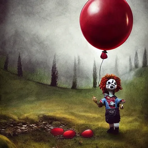 Image similar to grunge cartoon landscape sketch of chucky with a wide smile and a red balloon by - michal karcz, loony toons style, pennywise style, mona lisa style, horror theme, detailed, elegant, intricate