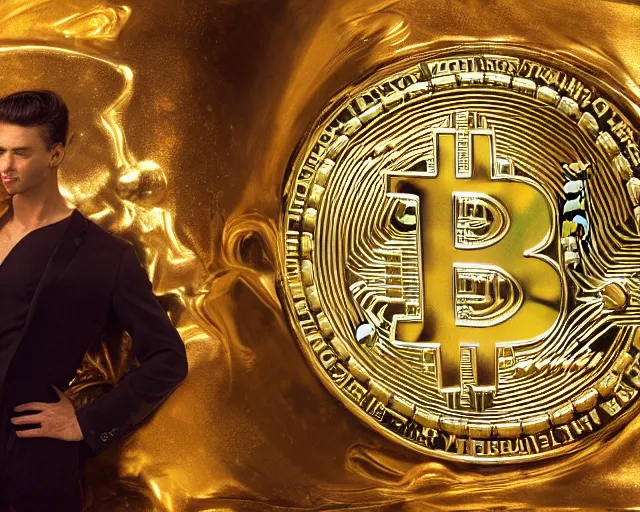 Image similar to attractive oiled up glossy man posing in front of a huge golden bitcoin, angelic light, commercial by annie liebovitz, gaston bussiere, craig mullins, j. c. leyendecker