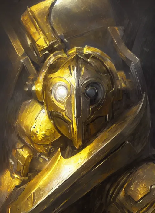 Image similar to dynamic attack position abstract portrait of a intricate glorious holy mechanical warforged character in yellow armor holding a paladin engraved great longsword drawn and carrying a big paladin shield, floodlight in middle of face , face in focus, epic , trending on ArtStation, masterpiece, cinematic lighting, by Ross Tran and by Greg Rutkowski