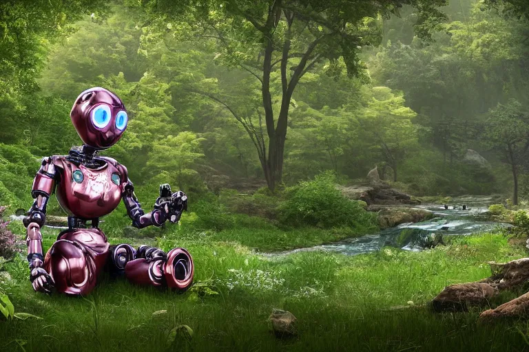 Image similar to professional photo of highly-detailed robot sitting cross-legged with its head pointing down on a small hill, in a fantasy forest with blooming trees and surrounded my wildlife, river flowing beside the robot, 4k, highly detailed, Unreal Engine