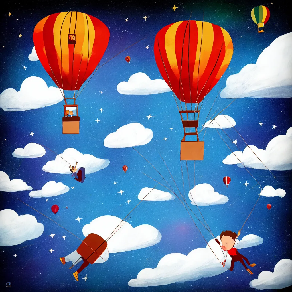 Image similar to single man flying in hot air balloon in the space, in the style of greg rutsowski, dark background, hyper realistic