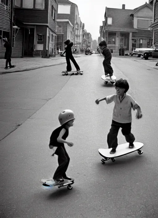 Image similar to 1 9 5 0 s kids skateboarding in the street by vivian maier. professional photography.