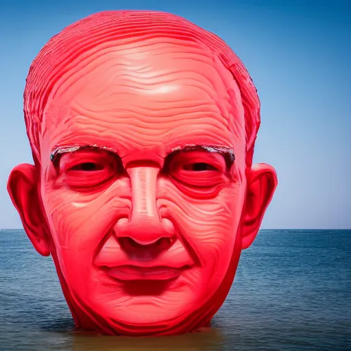 Image similar to a giant human head sculpture in the sea made out of juicy and transparent red jelly, looking like benjamin netanyahu, long shot, hyper detailed, hyper realistic, ray tracing, 8 k resolution, sharp focus, realistic water, award winning