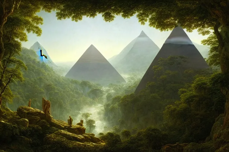 Prompt: a beautiful and highly detailed digital painting of a pyramid in the centre of an epic mountainous jungle towering above the canopy, intricate details, epic scale, hyperdetailed, hyperrealism, artstation, cgsociety, 8 k, sharp focus, by caspar friedrich, albert bierstadt, james gurney,